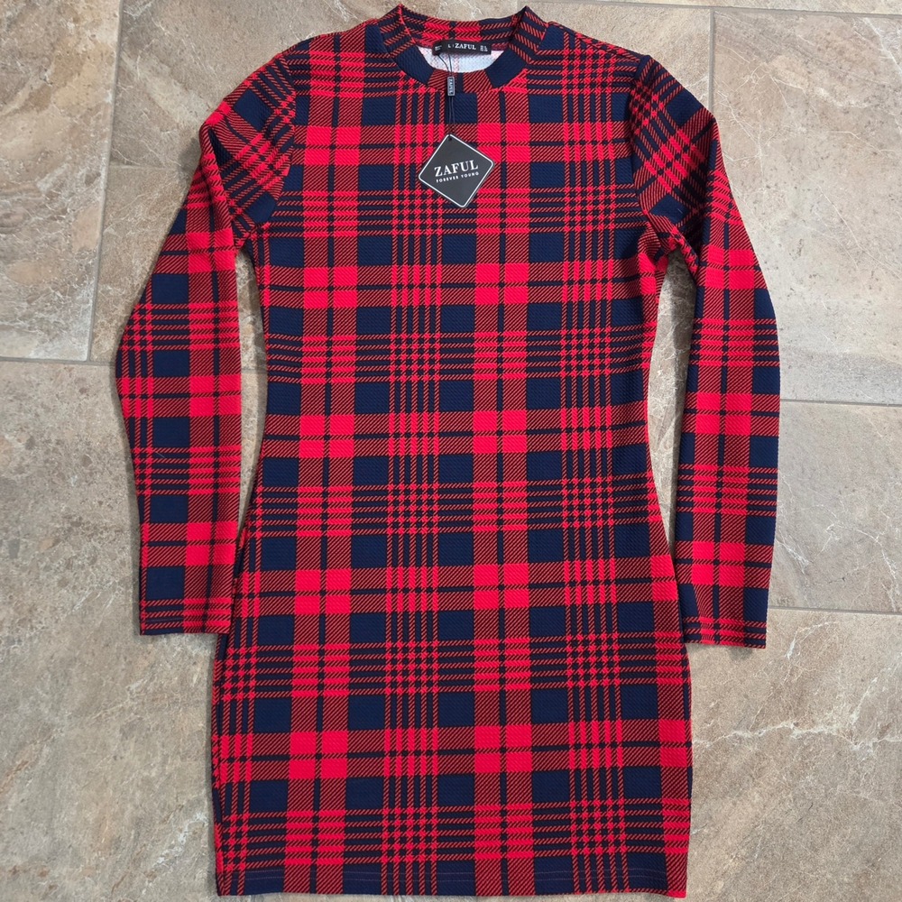 Zaful Red Navy Plaid Bodycon Mini Dress Long Sleeve Crew Neck NWT Large